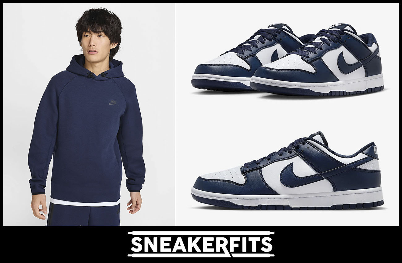 Nike Dunk Low White Midnight Navy Sneakers and Nike Tech Fleece Pullover Hoodie Outfit