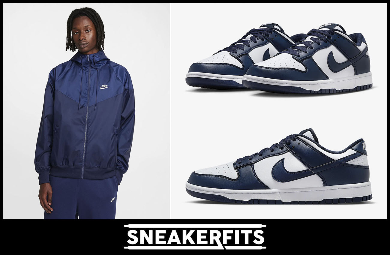 Nike Dunk Low White Midnight Navy Sneakers and Nike Windrunner Jacket Outfit