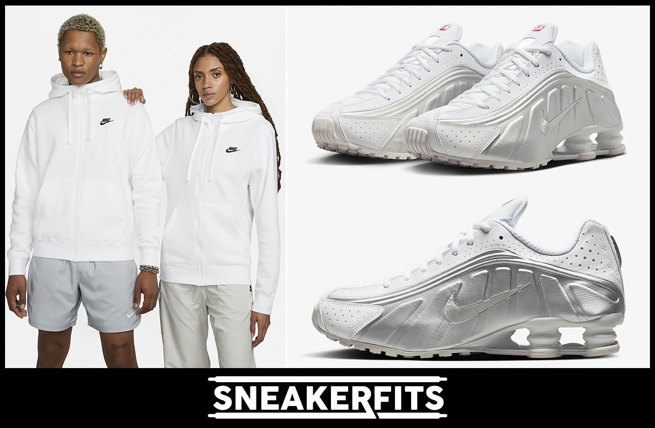 Nike Shox R4 White Metallic Silver Red Mens Shoes and Hoodie Outfit