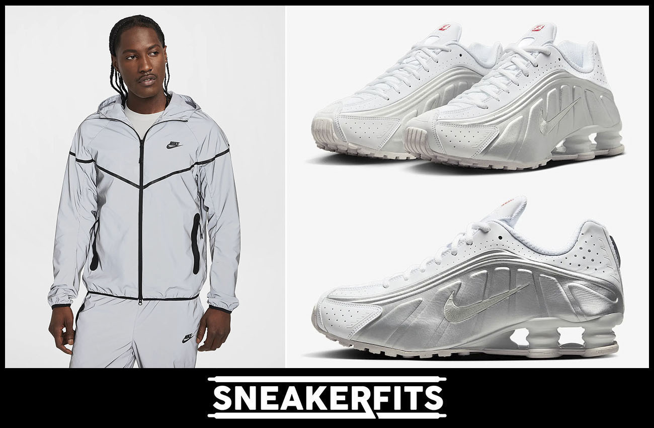 Nike Shox R4 White Metallic Silver Red Mens Shoes and Jacket Outfit