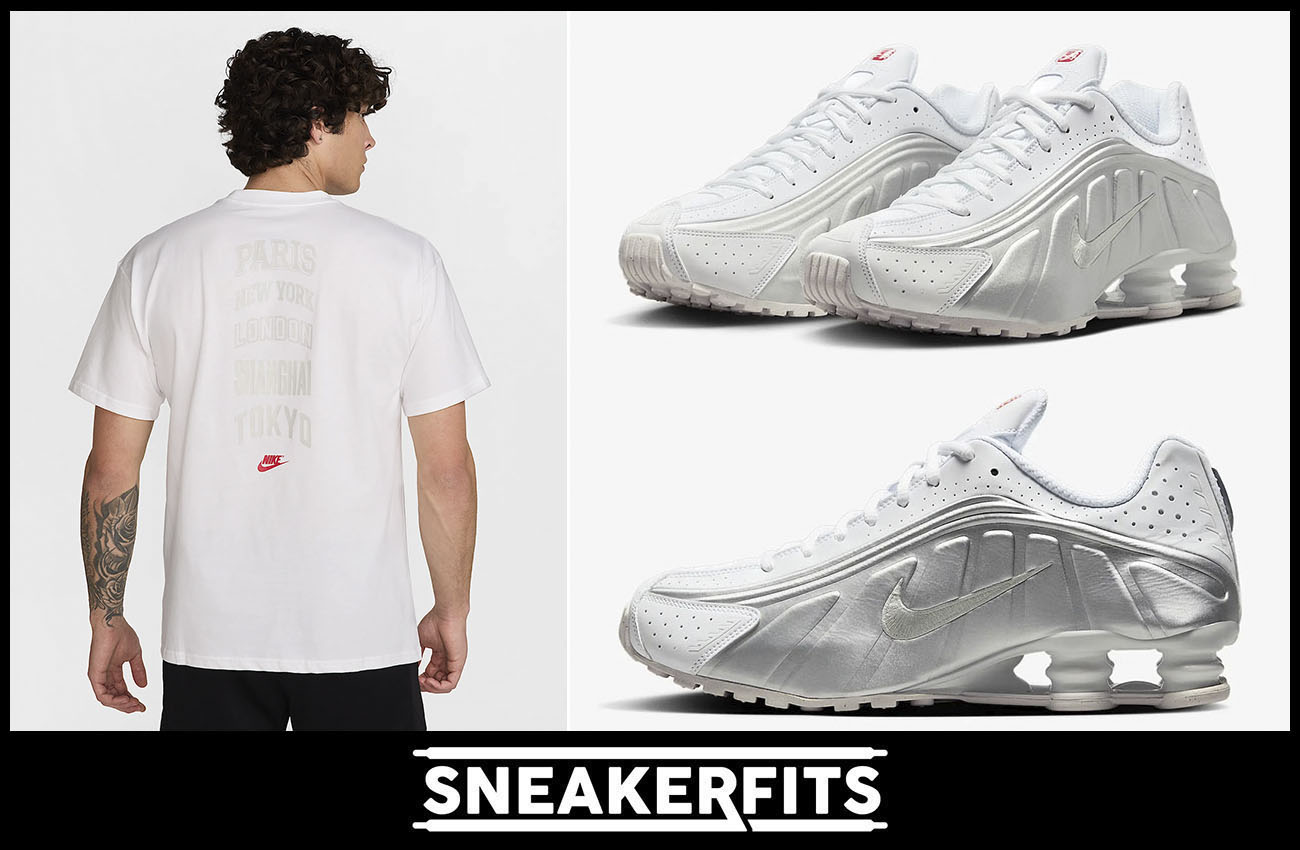 Nike Shox R4 White Metallic Silver Red Mens Shoes and Nike T Shirt Outfit