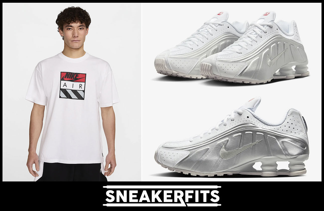 Nike Shox R4 White Metallic Silver Red Mens Shoes and Shirt Outfit