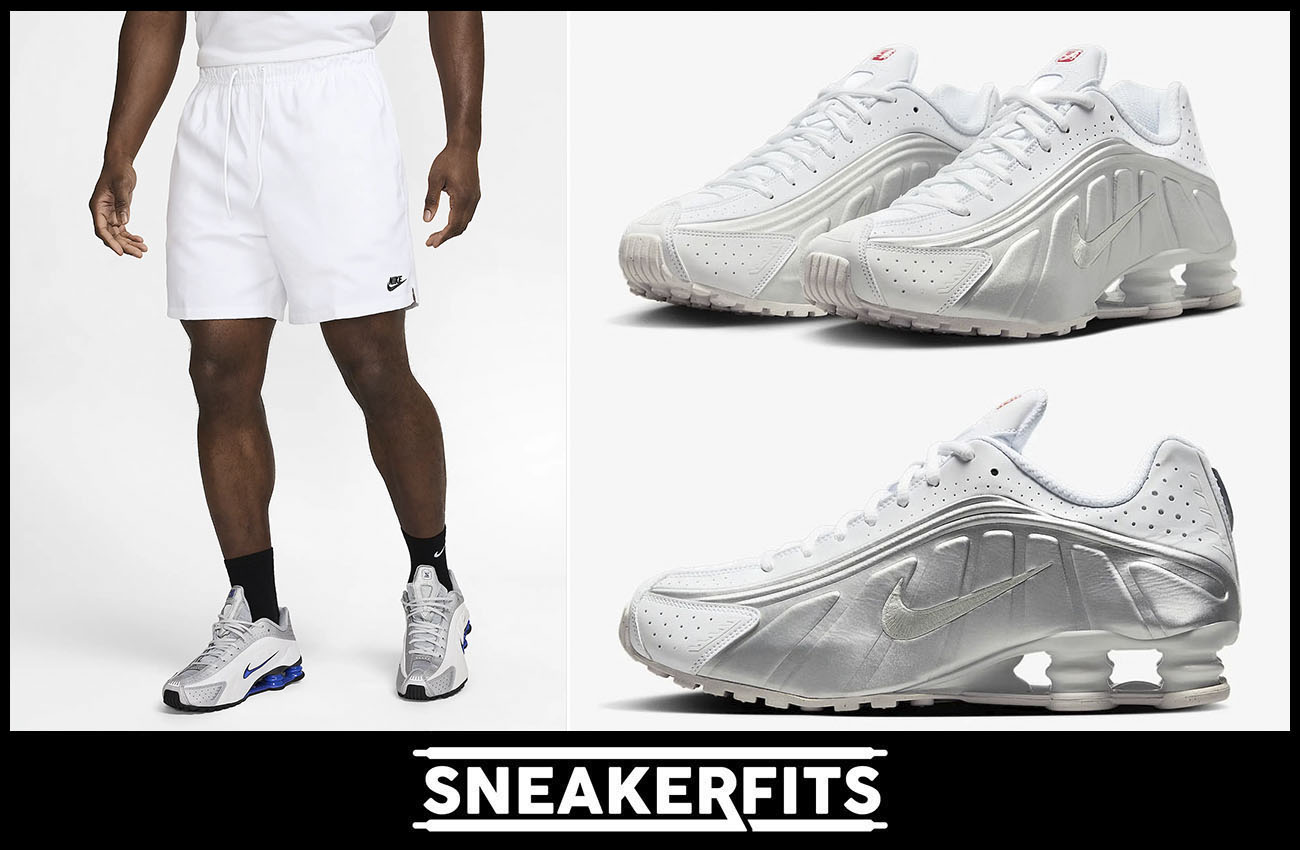 Nike Shox R4 White Metallic Silver Red Mens Shoes and Shorts Outfit