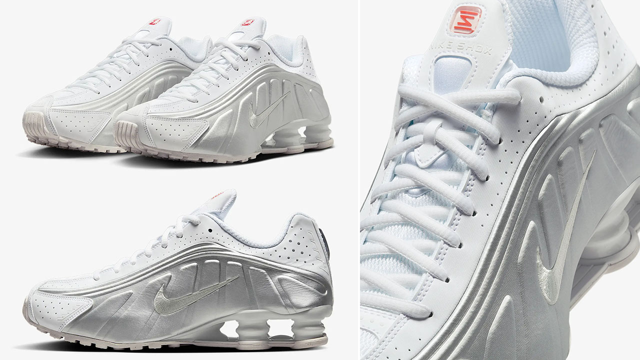 Nike Shox R4 White Metallic Silver Red Mens Sneakers