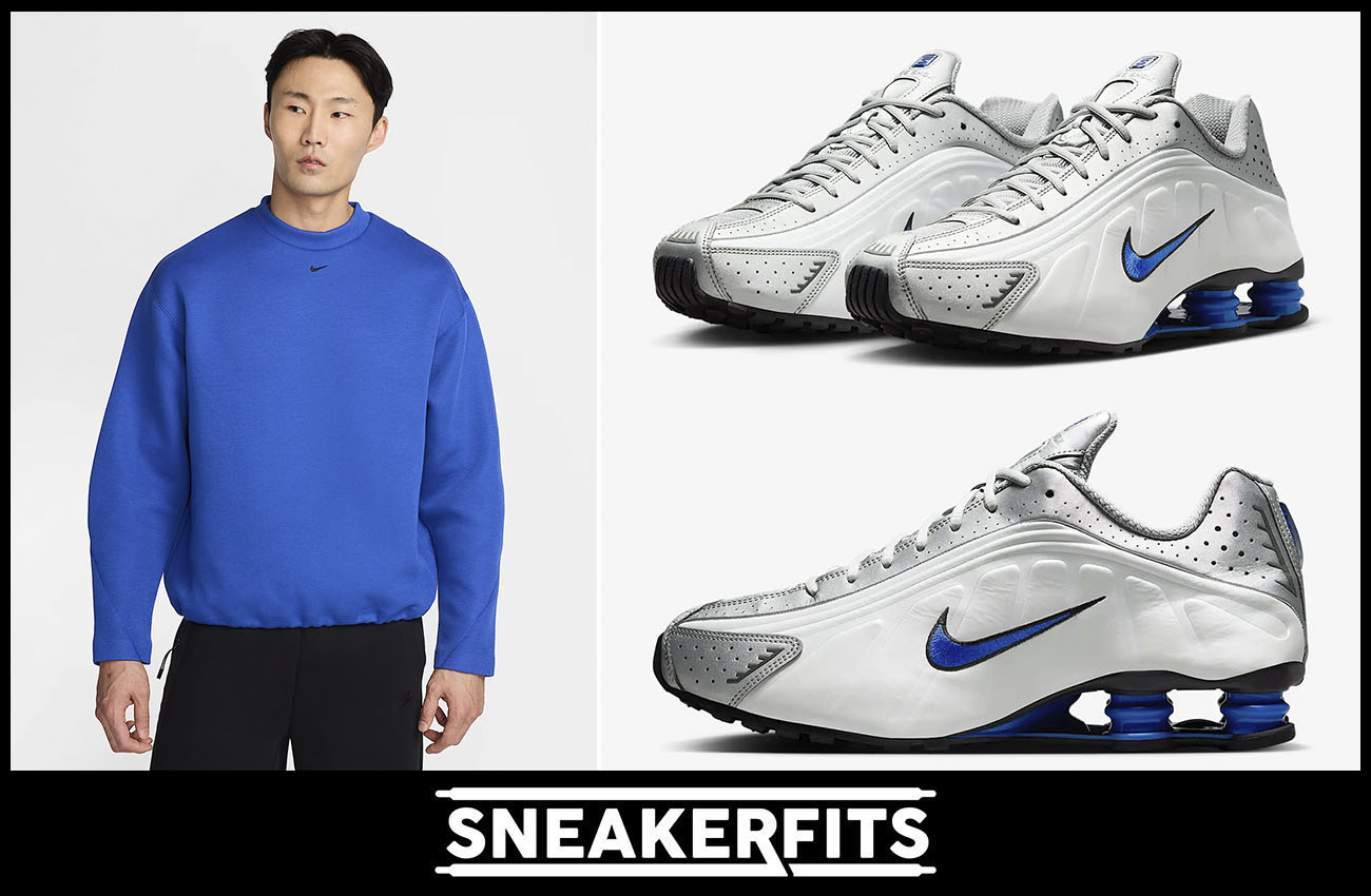 Nike Shox R4 White Racer Blue Metallic Silver Shoes and Nike Tech Fleece Crew Sweatshirt Outfit