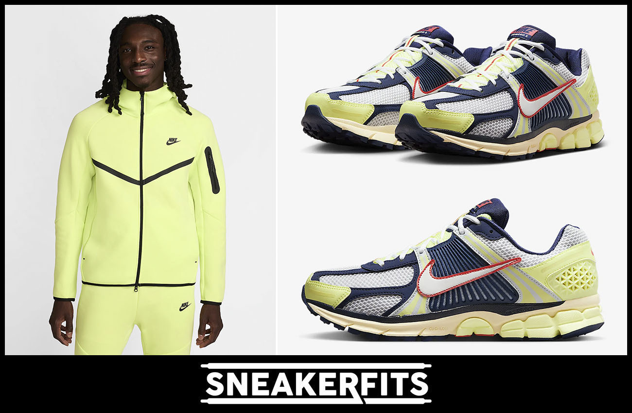 Nike Zoom Vomero 5 Barely Volt Midnight Navy Mens Shoes and Nike Tech Fleece Full Zip Hoodie Outfit