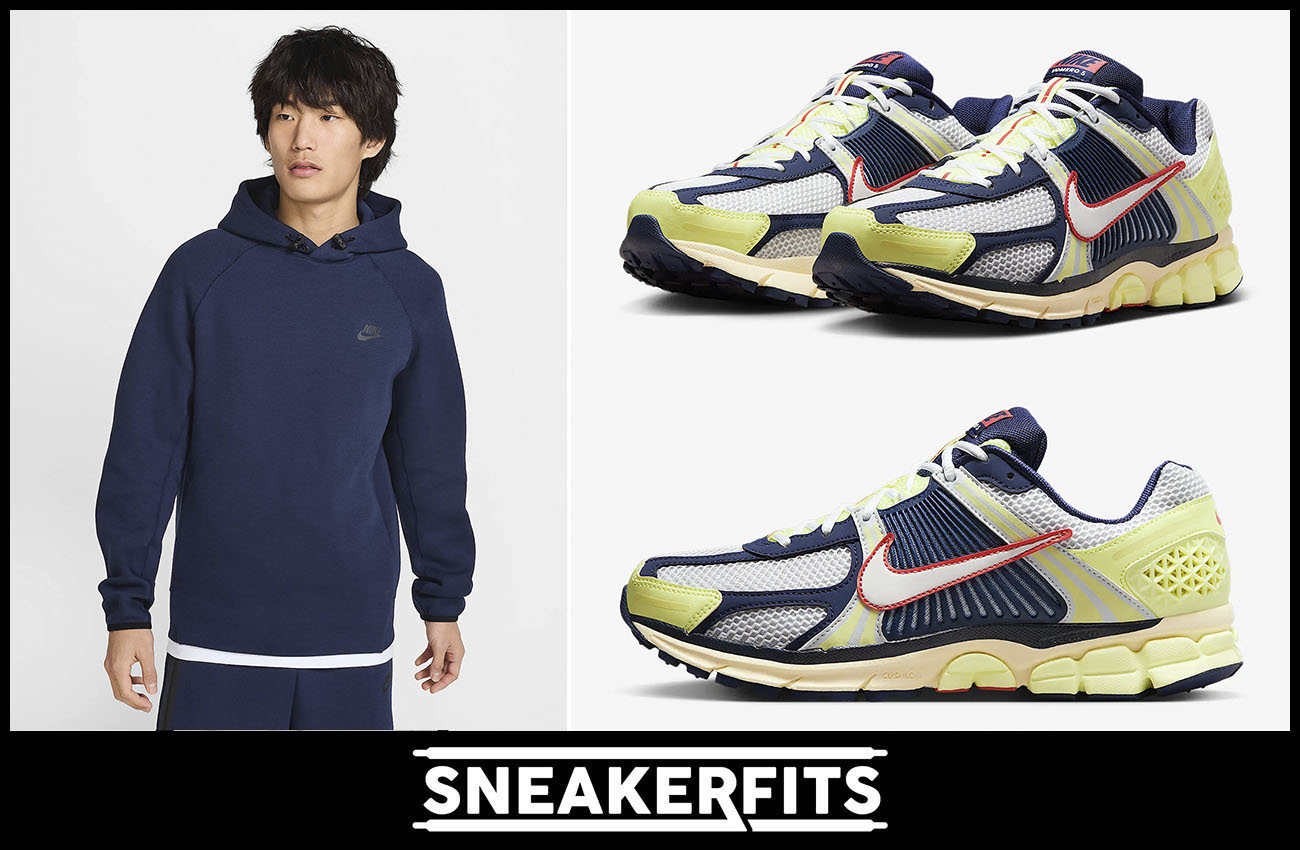 Nike Zoom Vomero 5 Barely Volt Midnight Navy Mens Shoes and Nike Tech Fleece Hoodie Outfit