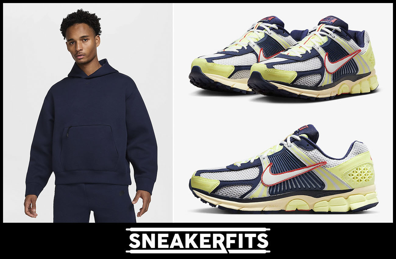 Nike Zoom Vomero 5 Barely Volt Midnight Navy Mens Shoes and Nike Tech Fleece Pullover Hoodie Outfit