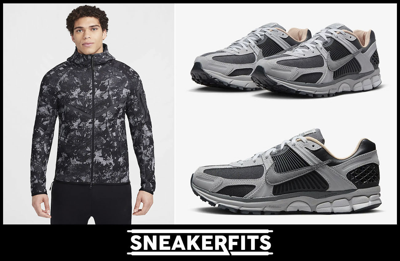 Nike Zoom Vomero 5 Dark Smoke Grey Light Smoke Grey Mens Shoes and Nike Tech Fleece Camo Hoodie and Jogger Pants Outfit