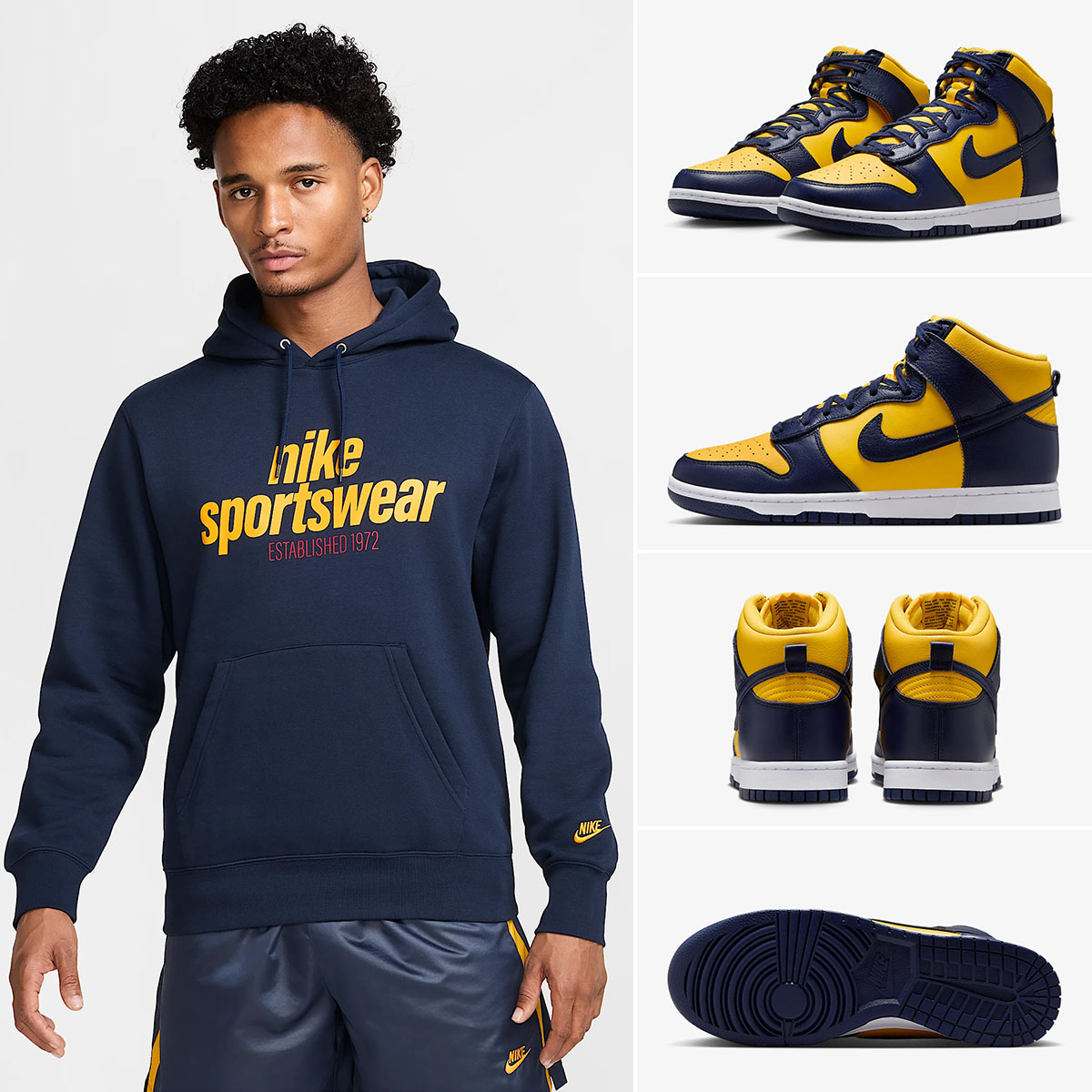 Nike Dunk High Michigan 2025 Sneakers and Nike Club Fleece Hoodie Outfit