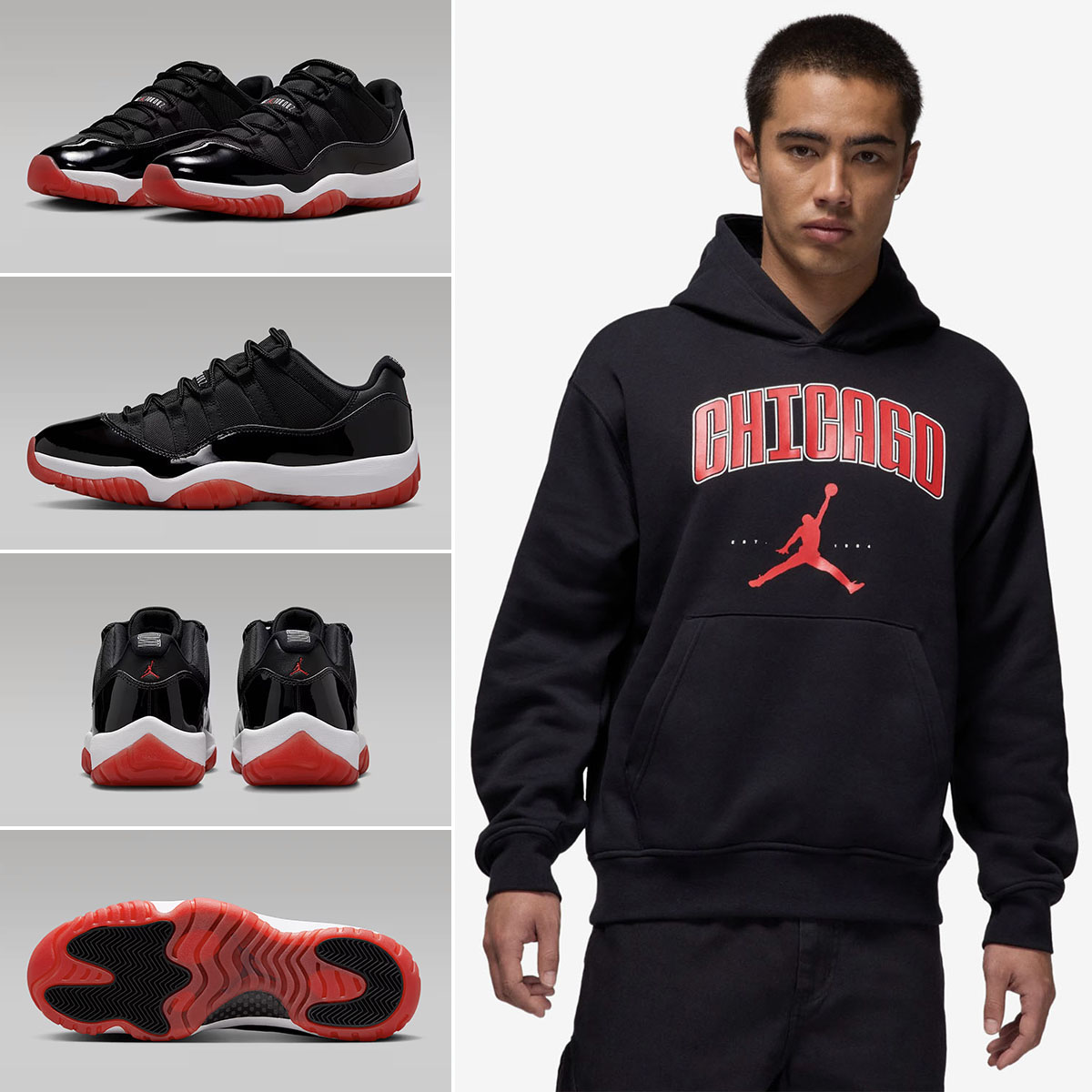 Air Jordan 11 Low Bred 2025 Sneakers x Jordan Chicago City Black Red Hoodie Outfit