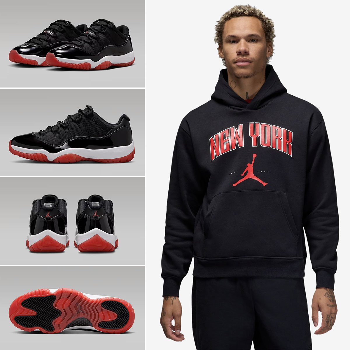 Air Jordan 11 Low Bred 2025 Sneakers x Jordan New York City Black Red Hoodie Outfit