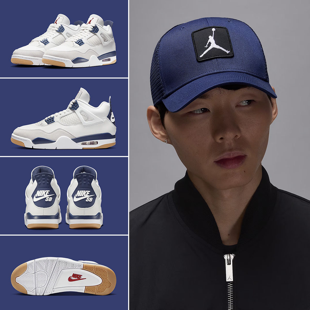 Nike SB Air Jordan 4 Navy Sneakers and Jordan Rise Trucker Snapback Hat