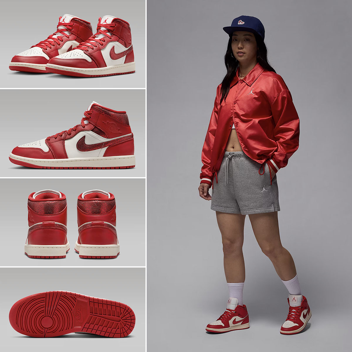 Air Jordan 1 Mid Ruby Sail Varsity Red Sneakers and Outfits