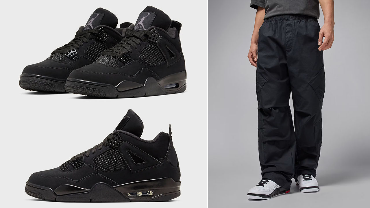 Air Jordan 4 Black Cat 2025 Shoes x Jordan Flight Mens Black Utility Pants