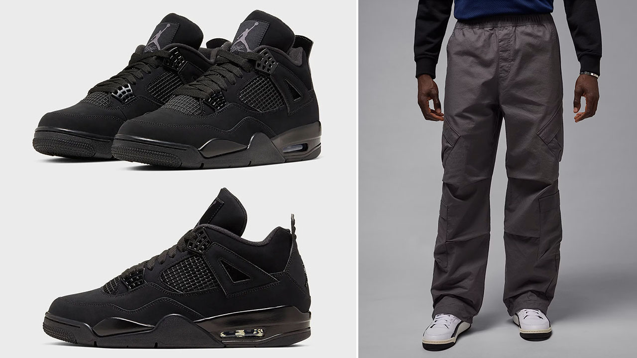 Air Jordan 4 Black Cat 2025 Shoes x Jordan Flight Mens Grey Utility Pants