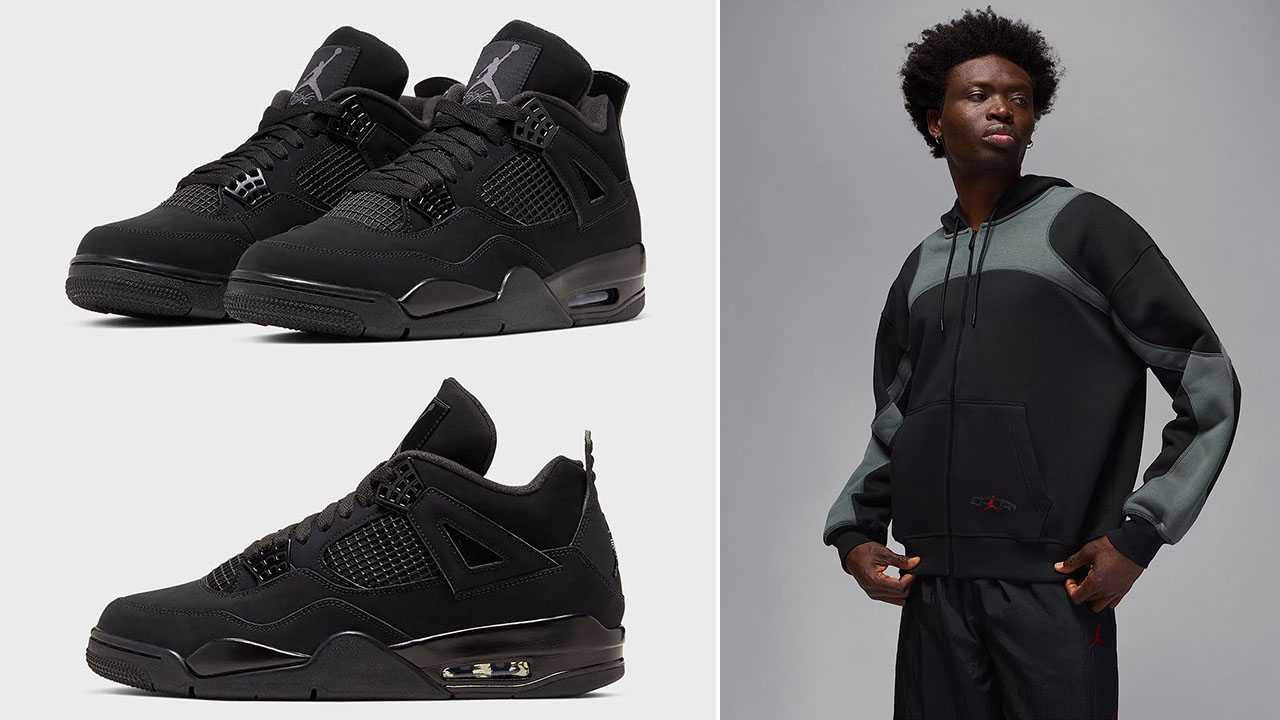 Air Jordan 4 Black Cat 2025 Shoes x Jordan Mens Oversized Black Grey Full Zip Hoodie