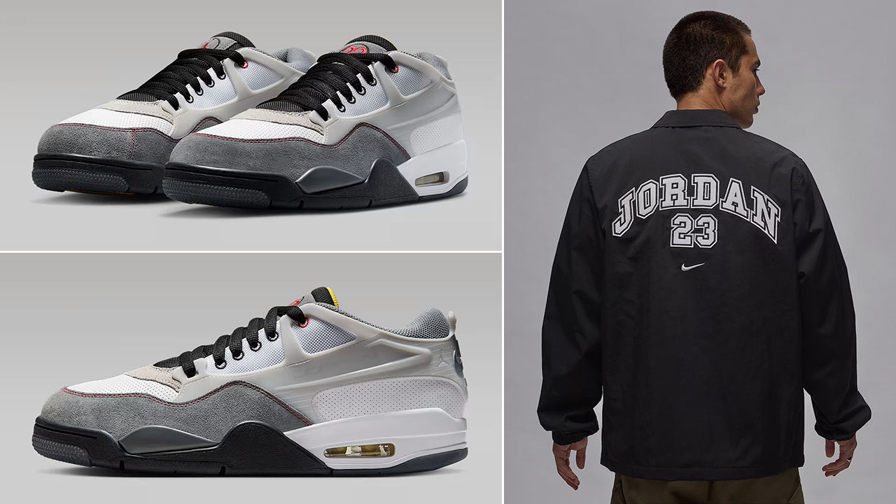 Air Jordan 4 RM Premium White Black Smoke Grey Sneakers and Jacket Outfit