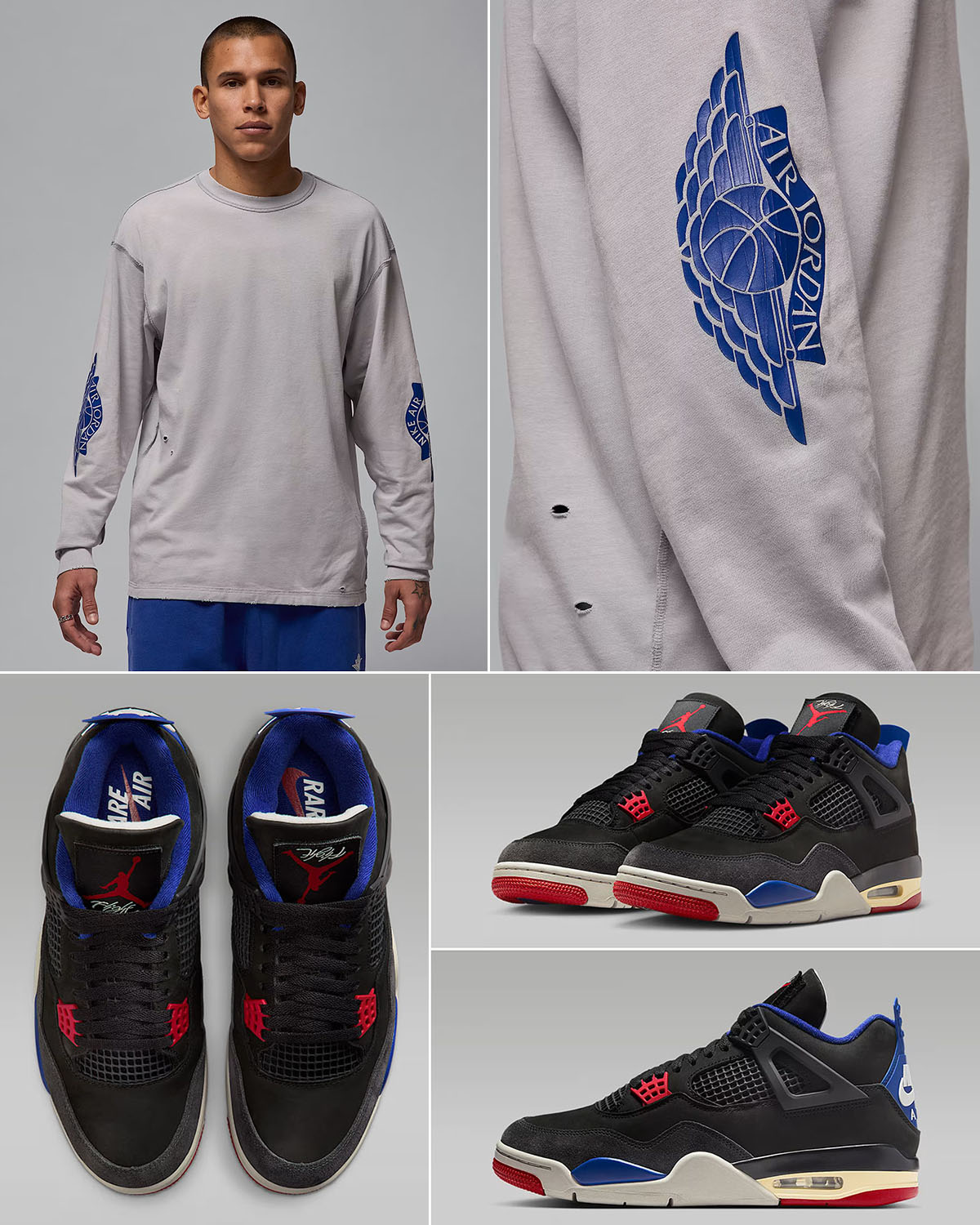 Air Jordan 4 Rare Air Shoes x Jordan Rare Air Long Sleeve T Shirt Grey Royal Blue Outfit