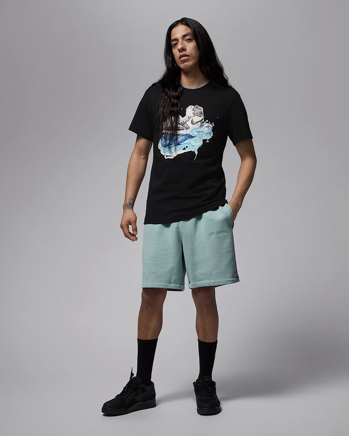 Air Jordan Wordmark Mens Fleece Shorts Mineral Green Outfit