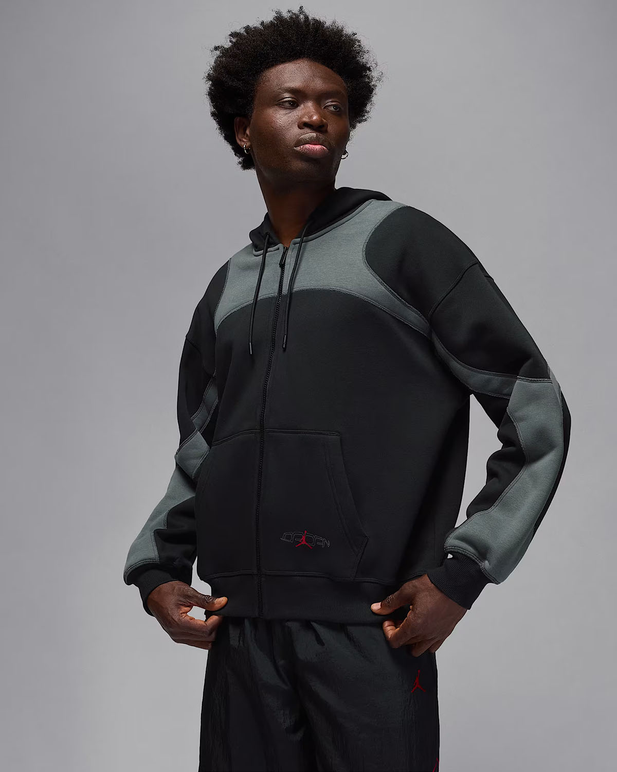Jordan Mens Oversized Full Zip Hoodie Black Iron Grey Gym Red 1