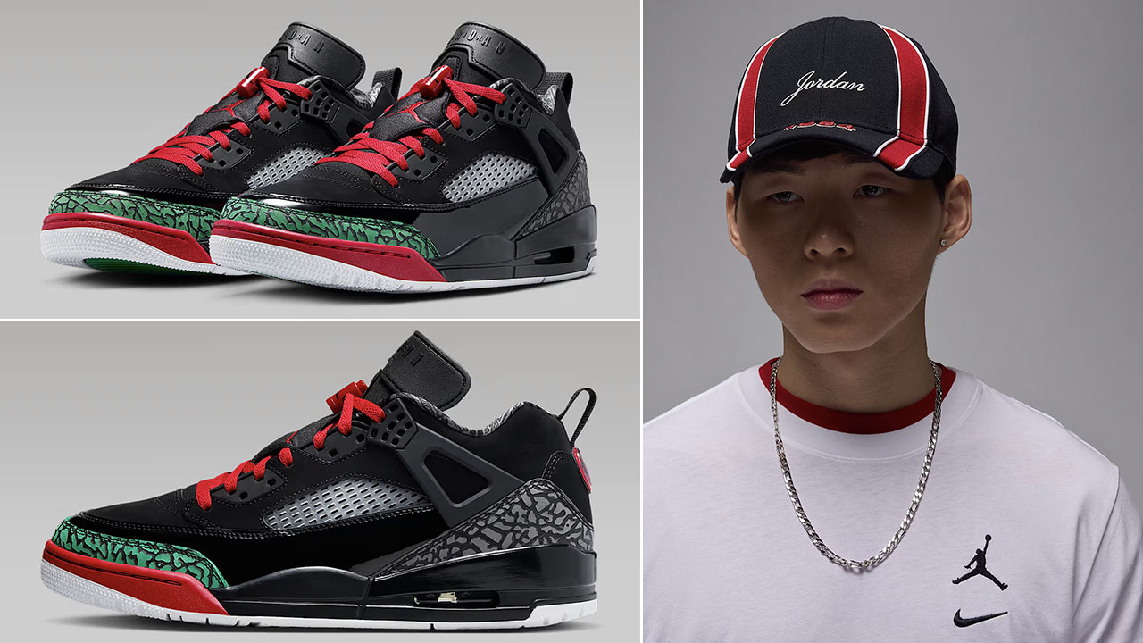 Jordan Spizike Low OG Black Varsity Red Classic Green Sneakers and Hat Outfit