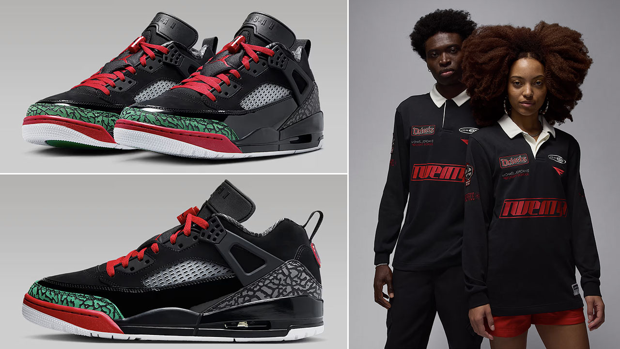 Jordan Spizike Low OG Black Varsity Red Classic Green Sneakers and Rugby Polo Shirt Outfit
