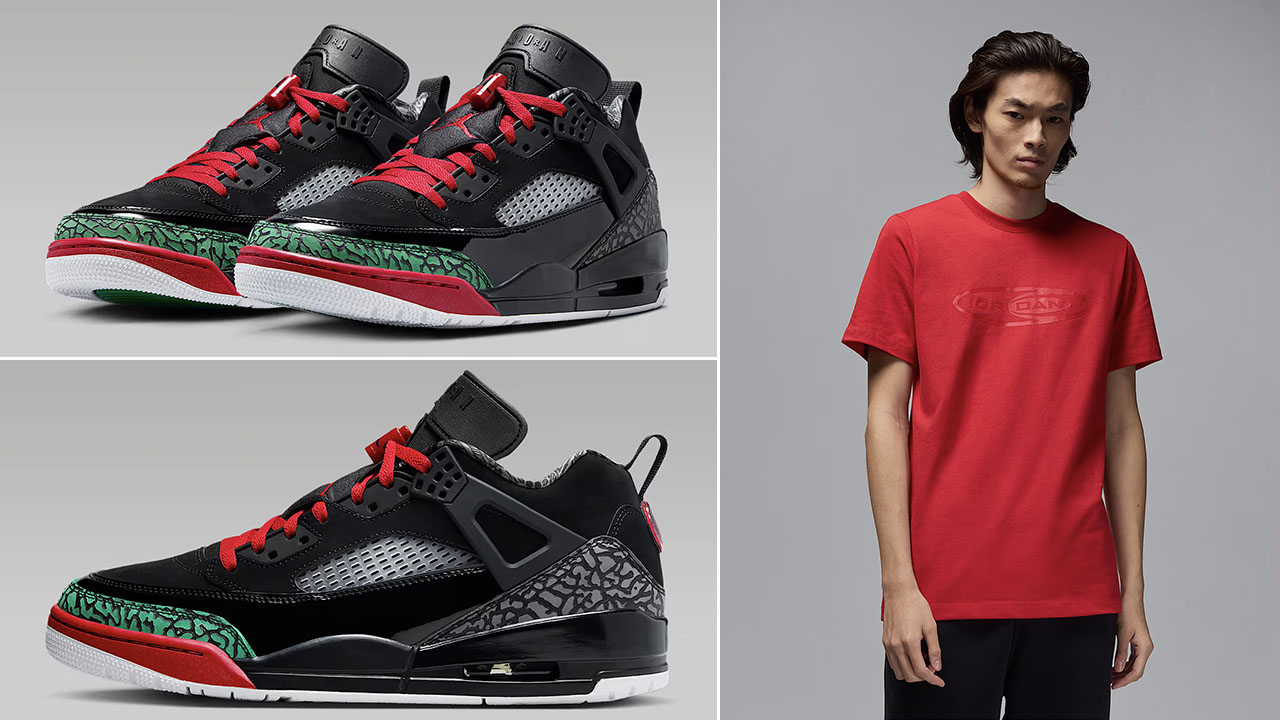 Jordan Spizike Low OG Black Varsity Red Classic Green Sneakers and T Shirt Outfit