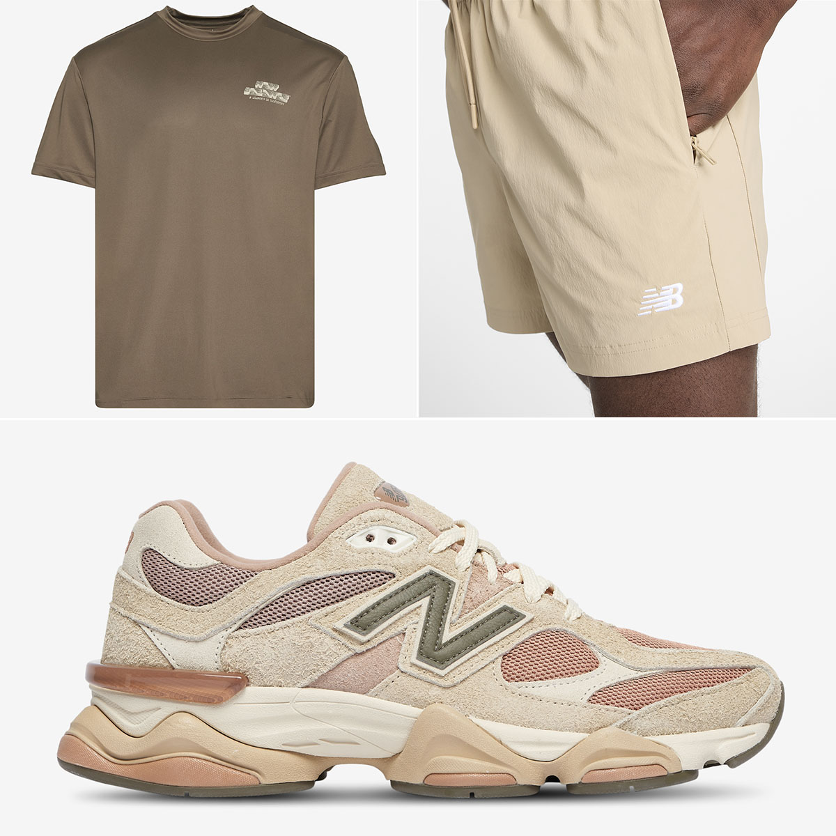 New Balance 9060 Flat Taupe Light Sparrow Sneaker Shirt and Shorts Outfit