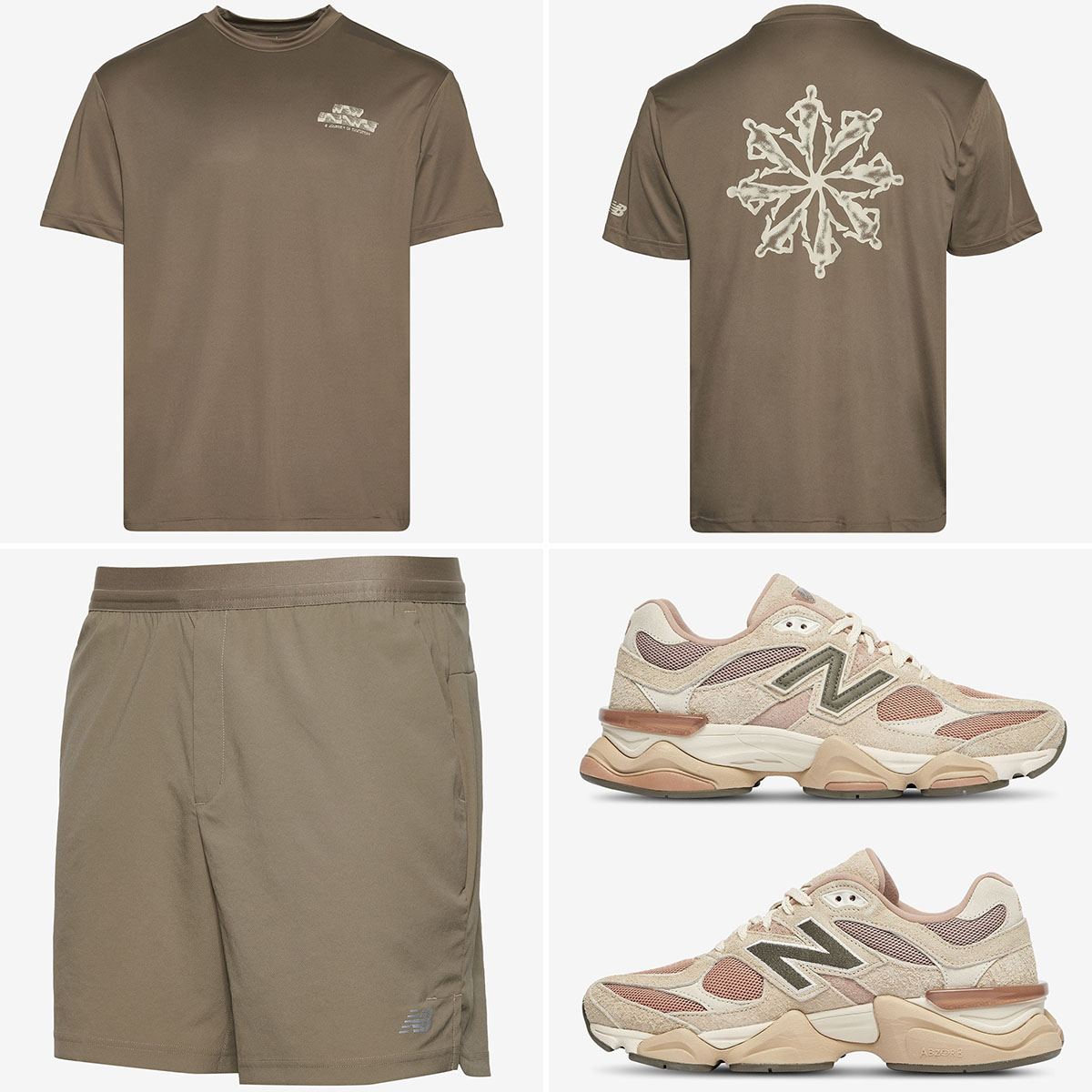 New Balance 9060 Flat Taupe Sneakers x New Balance Run Energy Shirt and Shorts Outfit