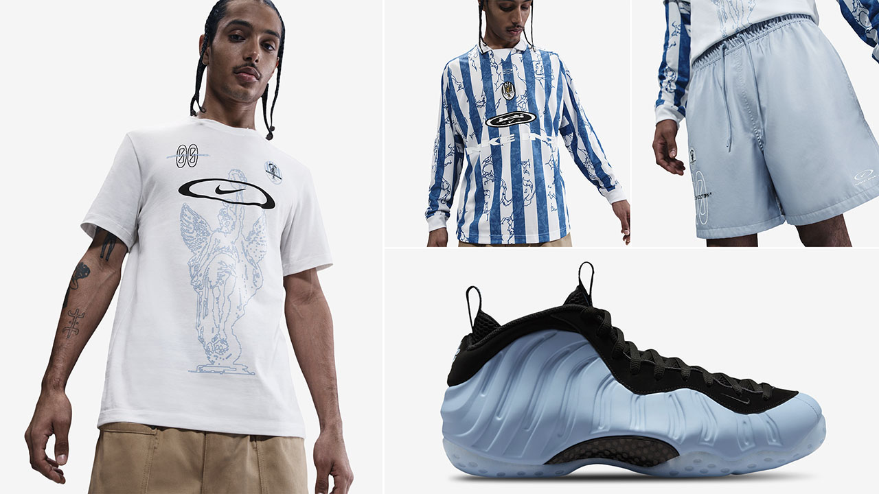 Nike Air Foamposite One Psychic Blue Sneakers T Shirt Nike Long Sleeve Jersey and Shorts Outfit