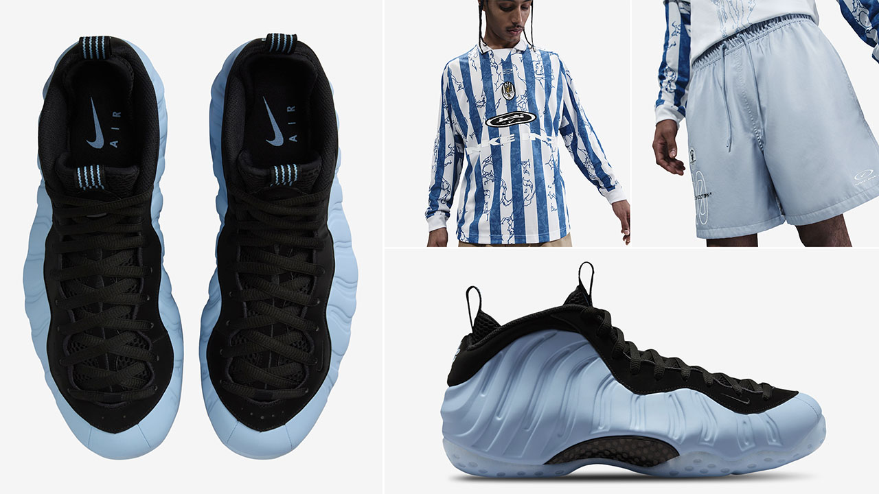 Nike Air Foamposite One Psychic Blue Sneakers and Nike Long Sleeve Shirt and Shorts Outfit