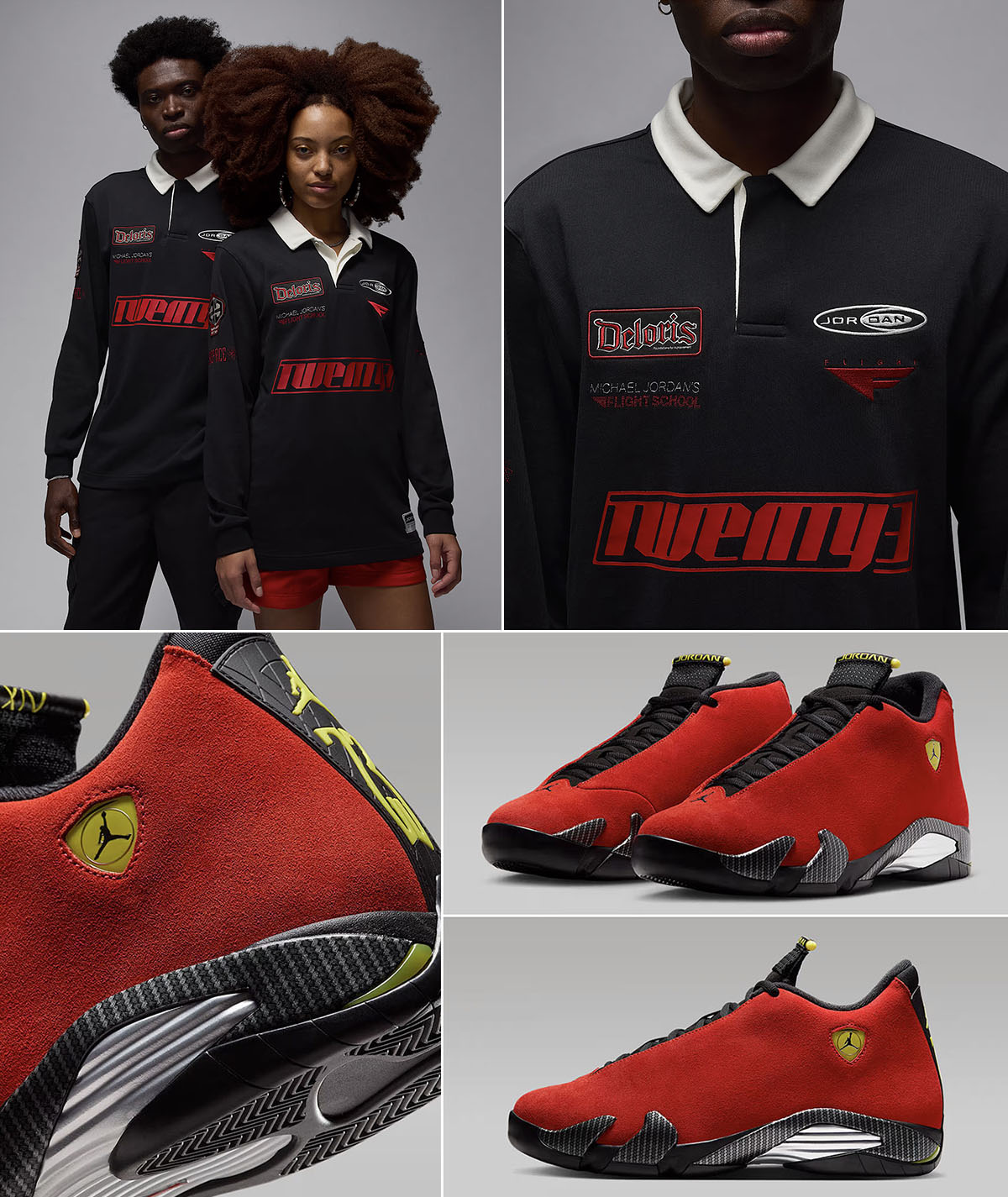 Air-Jordan-14-Ferrari-2025-Sneakers-x-Jordan-Essentials-Motorsport-Rugby-Top-Outfit