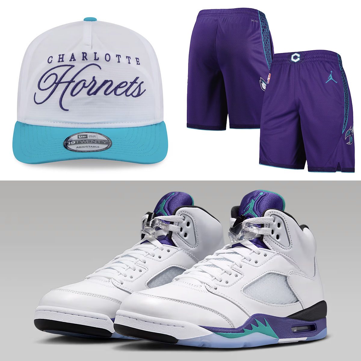 Air Jordan 5 Grape 2025 Charlotte Hornets Hats and Clothing
