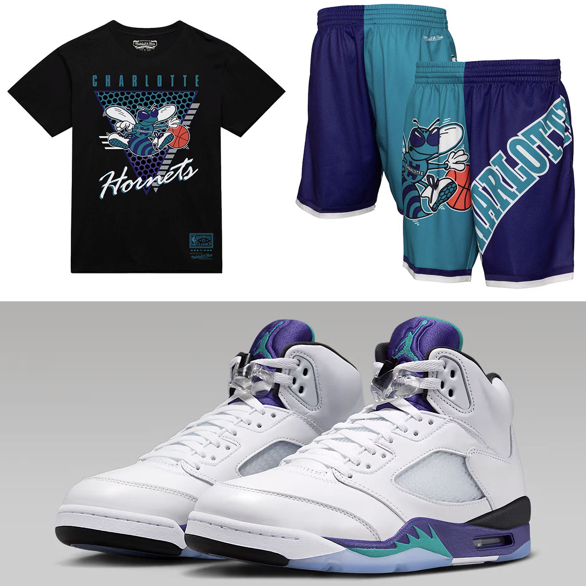 Air Jordan 5 Grape 2025 Charlotte Hornets Mitchell and Ness Shirt and Shorts Outfit
