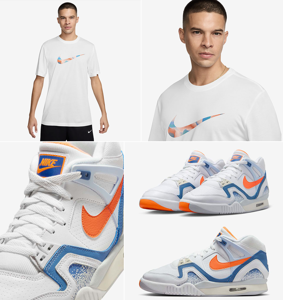 Nike Air Tech Challenge 2 Stone Blue x Nike Lava Swoosh White T Shirt Outfit