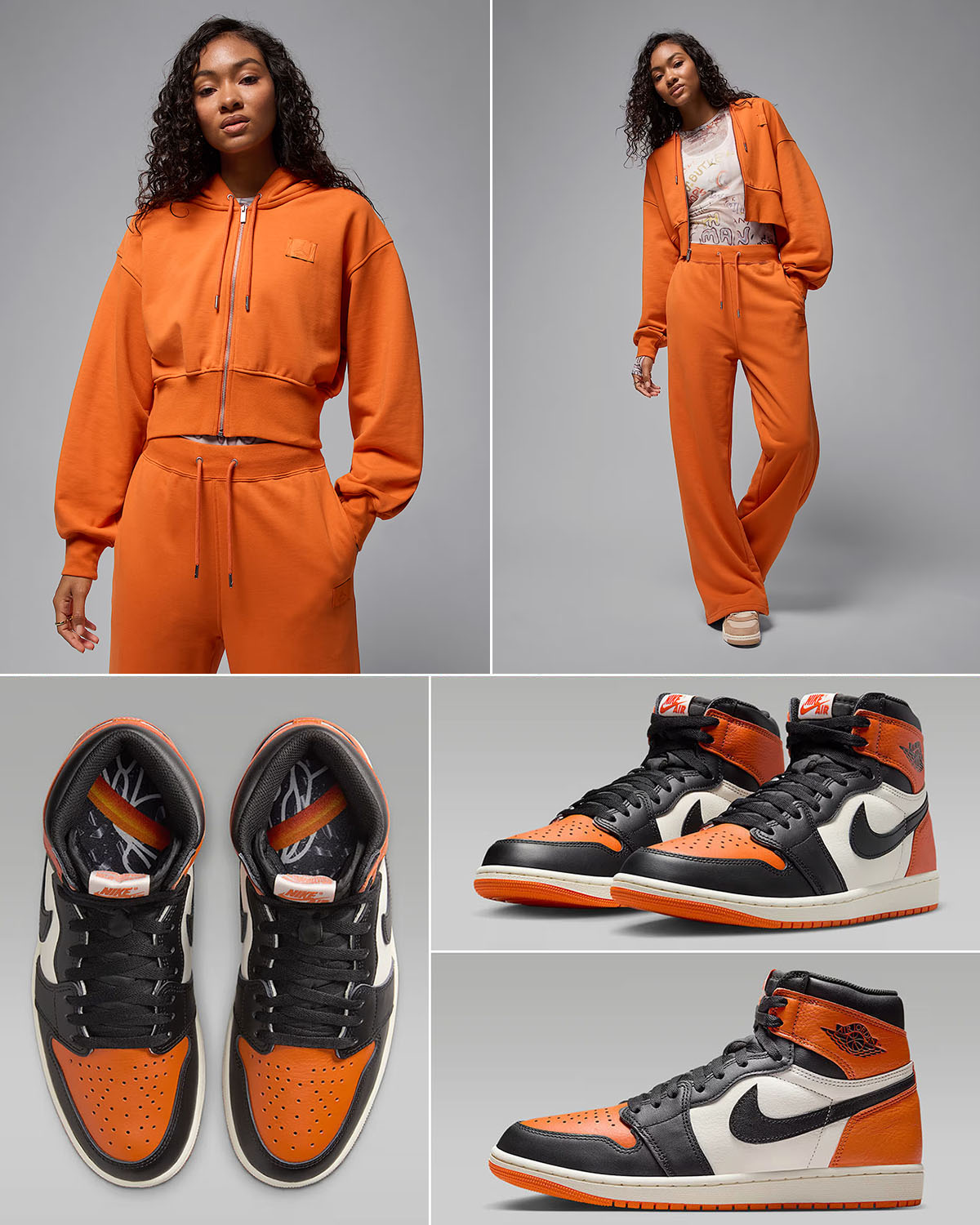 Air Jordan 1 High OG Shattered Backboard 2025 x Jordan Flight Fleece Womens Starfish Orange Hoodie and Pants Outfit