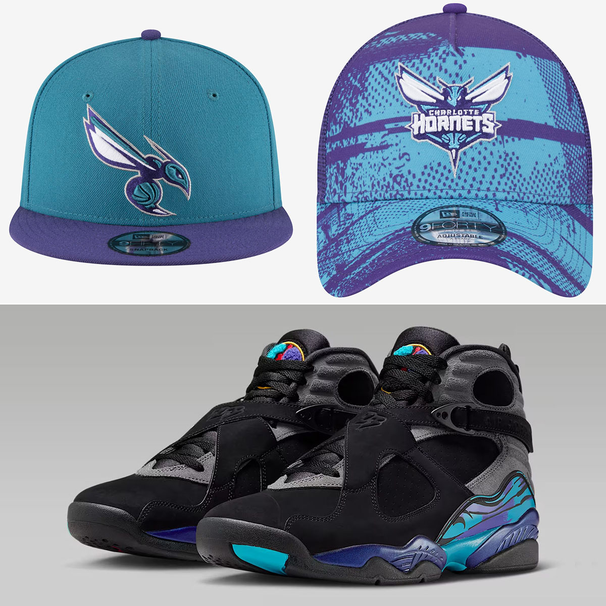 Air Jordan 8 Aqua 2025 Hornets New Era Hats to Match Sneakers