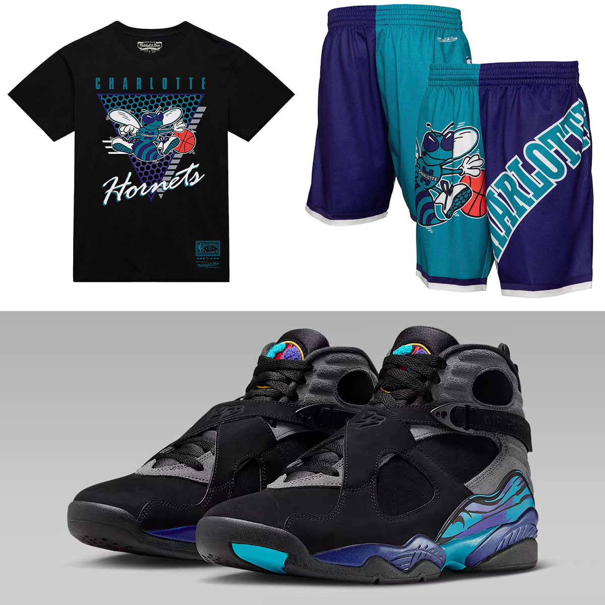 Air Jordan 8 Aqua 2025 Hornets Retro Shirt and Shorts to Match Sneakers