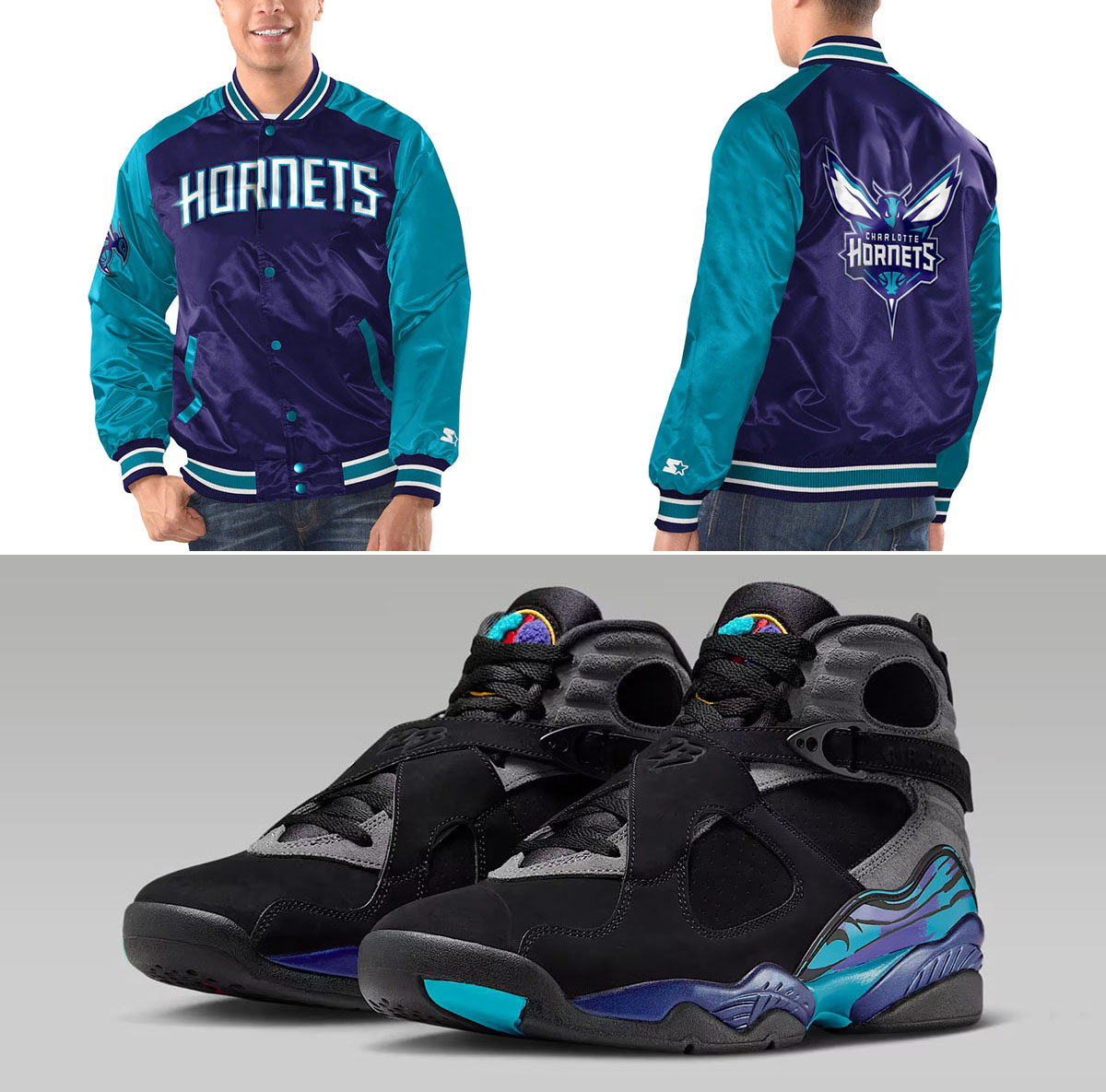 Air Jordan 8 Aqua 2025 Hornets Starter Jacket to Match Sneakers