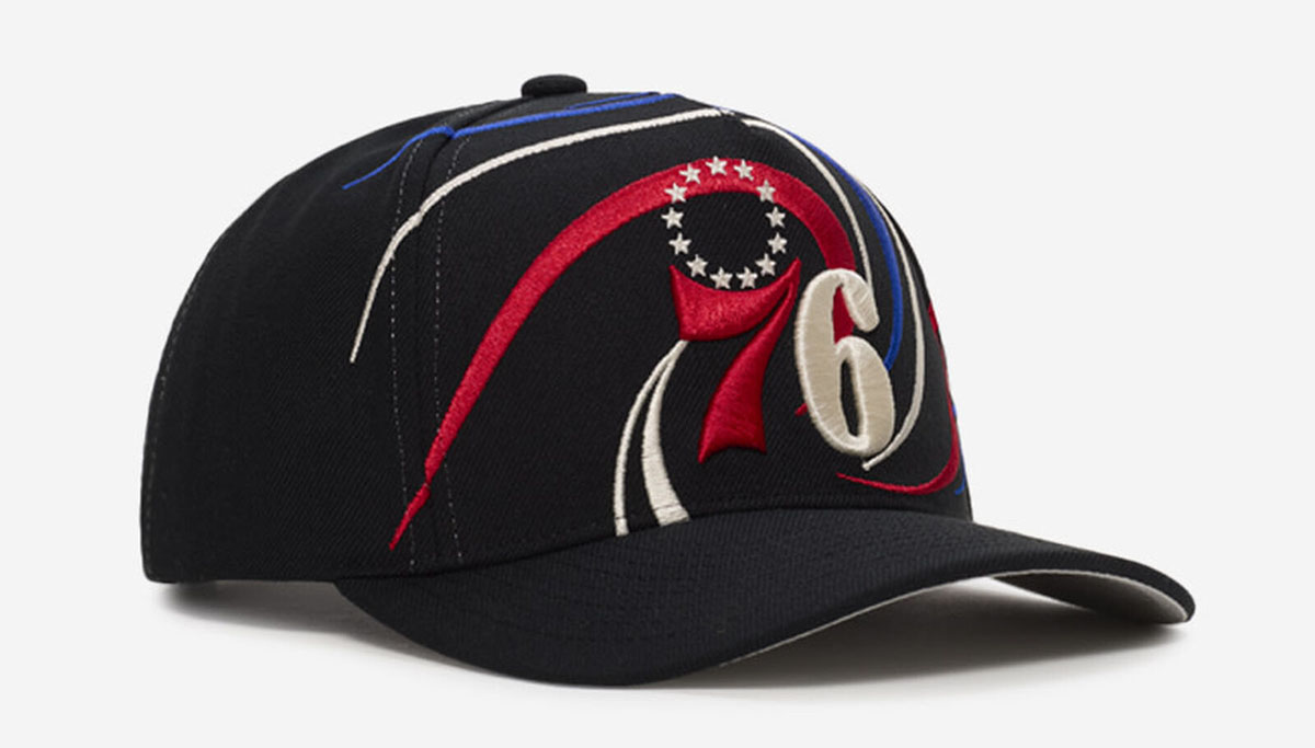 Philadelphia 76ers Mitchell Ness Pro Pinch Swirl Snapback Hat 1