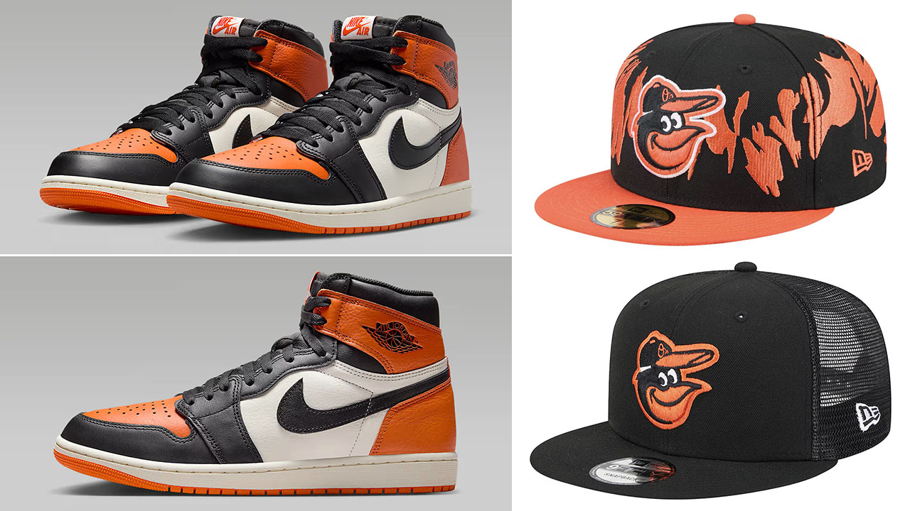 Air Jordan 1 High OG Shattered Backboard 2025 x New Era Baltimore Orioles Snapback and Fitted Hats