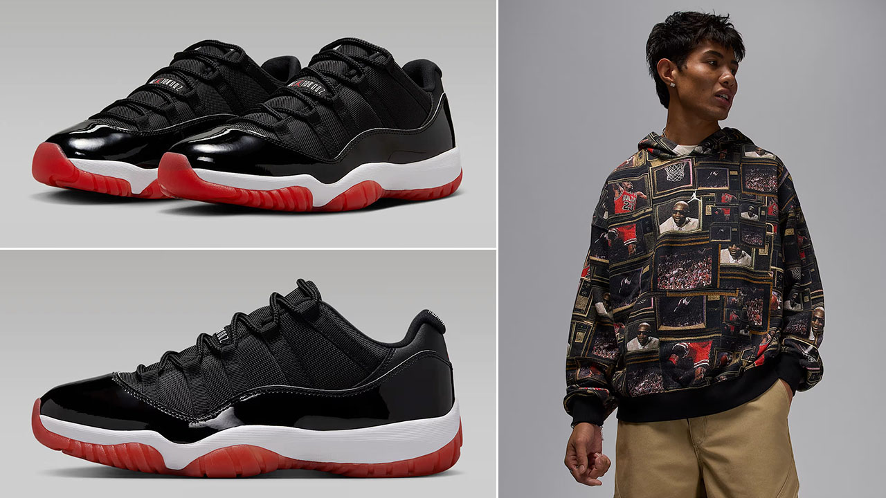 Air Jordan 11 Low Bred x Jordan Brooklyn Fleece Allover Print Pullover Hoodie Outfit