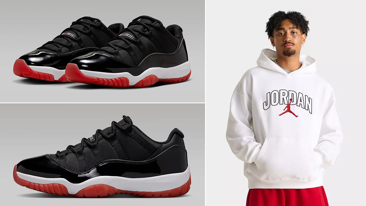 Air Jordan 11 Low Bred x Jordan Brooklyn Fleece Arch Logo Hoodie Outfit