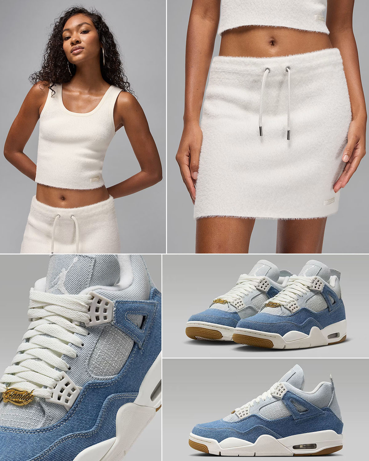 Air Jordan 4 Denim Worn Blue Shoes Womens Tank Top and Skirt Outfit