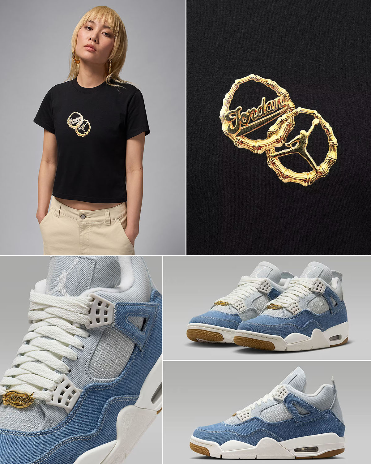 Air Jordan 4 Denim Worn Blue Shoes x Jordan Womens Black Gold Graphic T Shirt Outfit