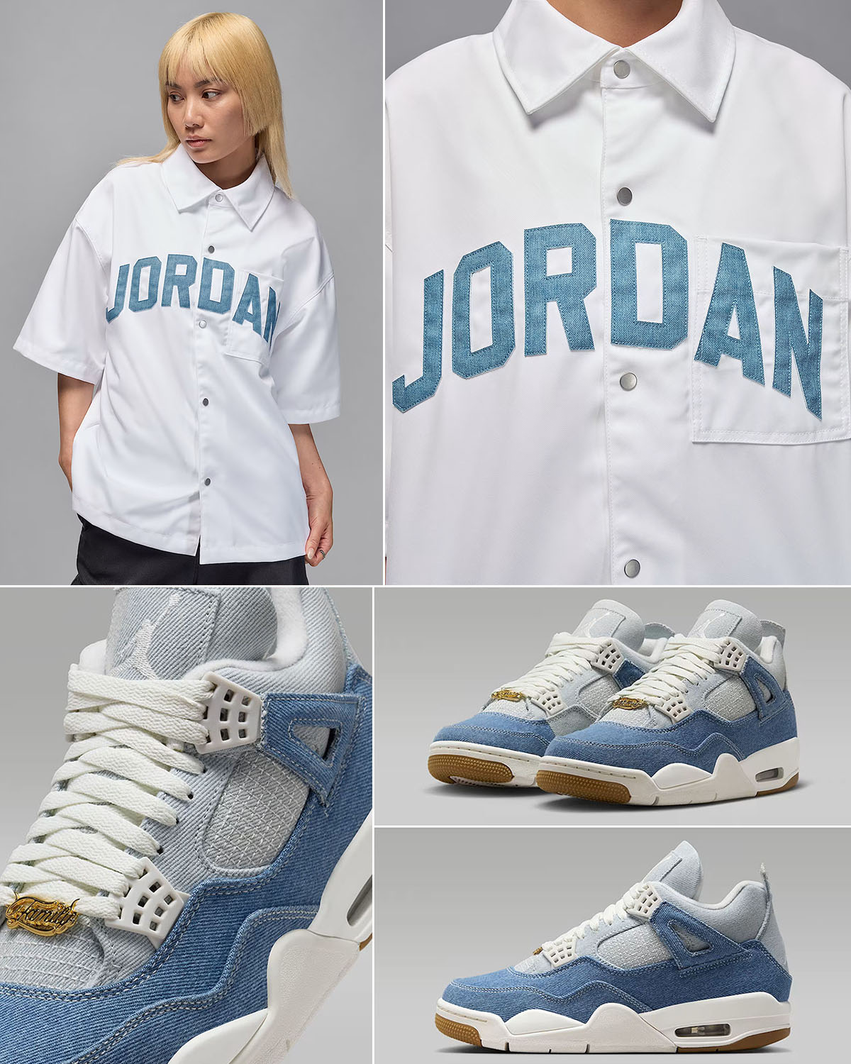Air Jordan 4 Denim Worn Blue Shoes x Jordan Womens Flight Woven Top Outfit