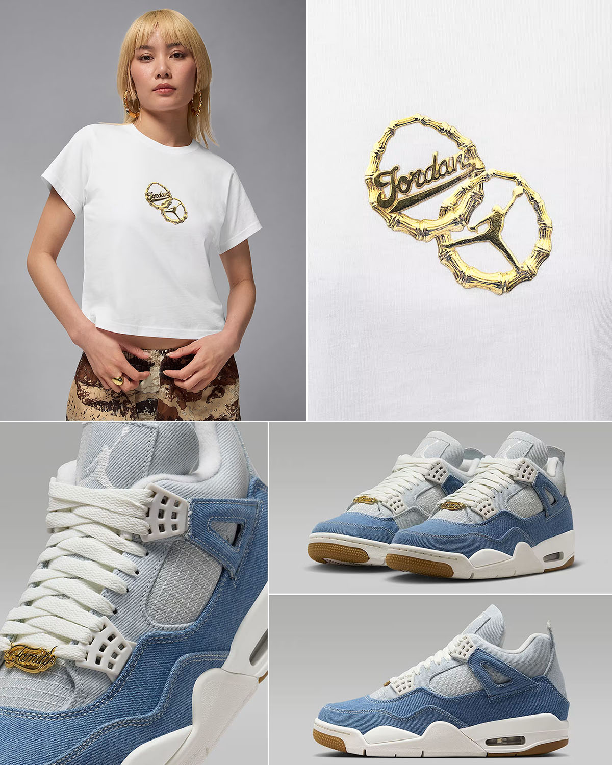 Air Jordan 4 Denim Worn Blue Shoes x Jordan Womens White Gold Graphic T Shirt Outfit