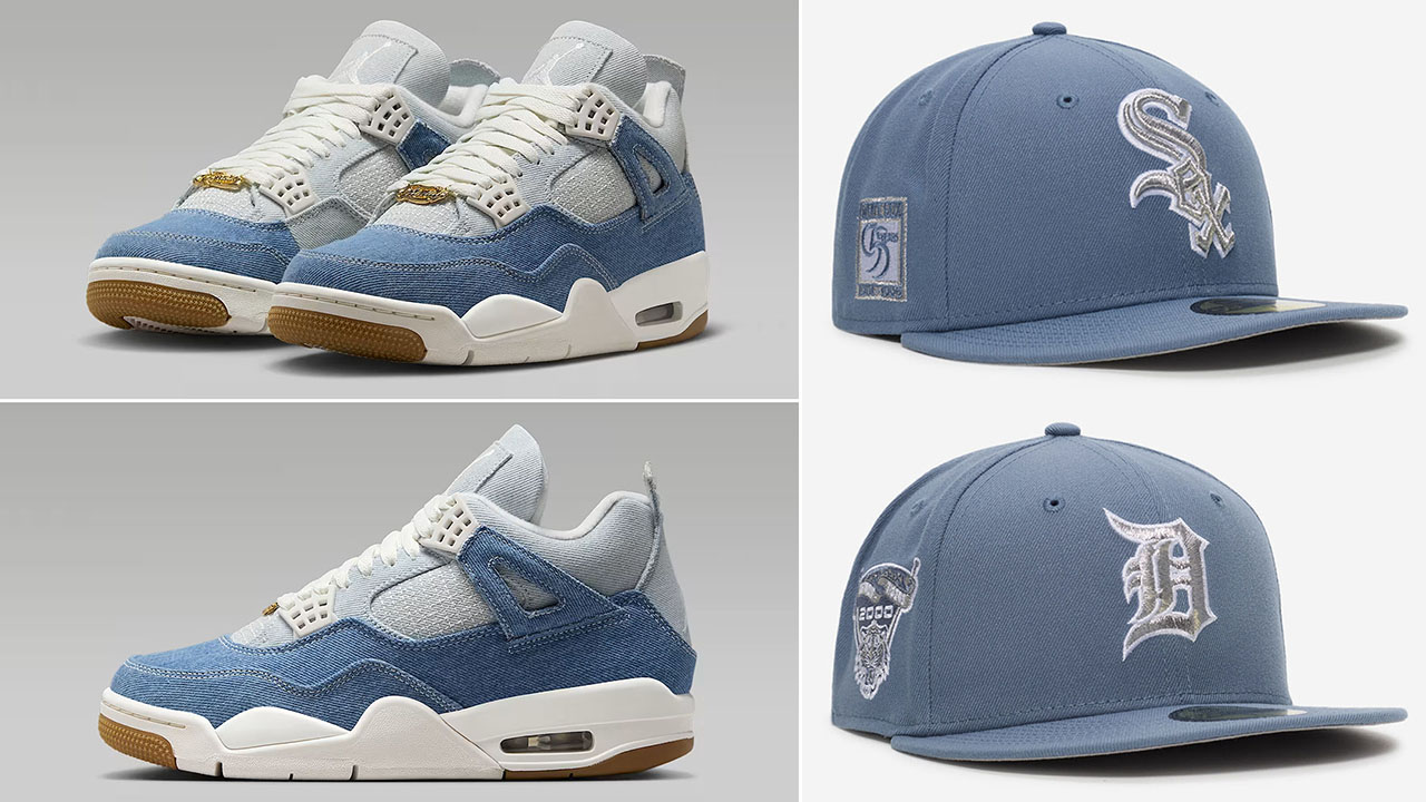 Air Jordan 4 Denim Worn Blue x New Era Hats 59FIFTY Fitted Caps to Match Sneakers