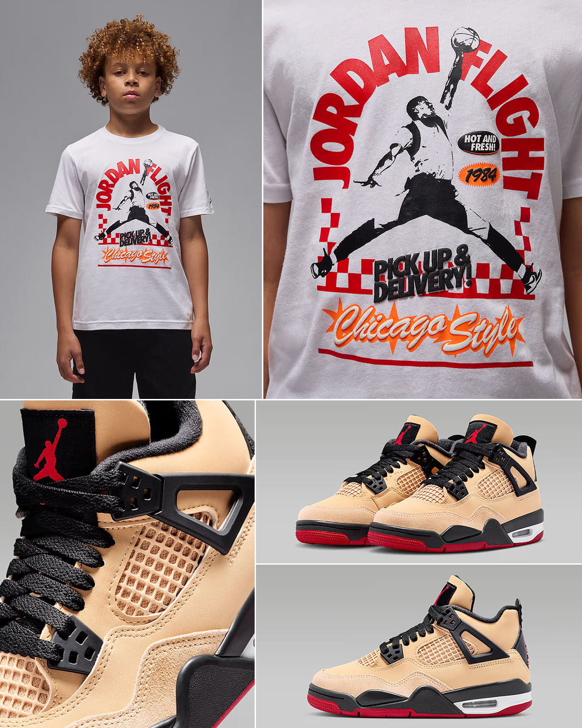 Air Jordan 4 GS Pizza Grade School Kids Shoes and Shirt Outfit